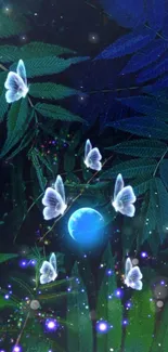 Mystical night wallpaper with glowing butterflies and dark green leaves.