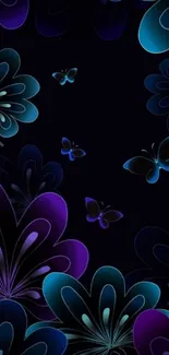 Night scene with butterflies and floral patterns in blue and purple hues.