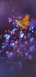 Mystical butterfly resting on violet flowers with a dark background.