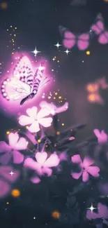 Glow of butterflies with purple flowers in a mystical night setting.