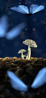 Blue butterflies flutter around glowing mushrooms in a mystical night scene.