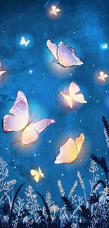 Luminous butterflies flutter across a starry blue night sky, creating a mystical scene.