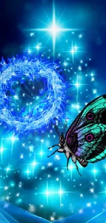 Mystical butterfly with sparkling blue aura in starlit night sky.