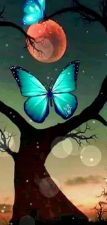 Blue butterflies on a heart-shaped tree with a mystical moon backdrop.