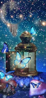 Magical night scene with butterflies and lantern.