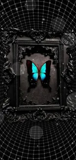 Teal butterfly in black frame with geometric background.