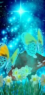 Mystical blue butterfly wallpaper with glowing daisies.