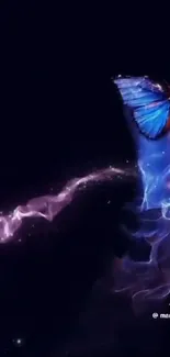 Mystical blue butterfly in cosmic scene.