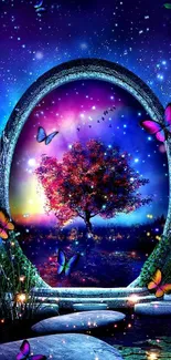 A mystical scene with butterflies, a portal, and a vibrant tree against a starry indigo sky.