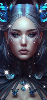 Mystical queen with blue butterflies in a fantasy art style wallpaper.