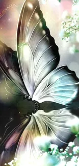 Serene wallpaper with butterfly and floral reflections.