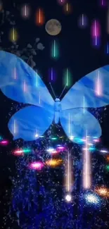 Mystical butterfly under a moonlit sky with colorful lights.