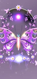 Enchanting purple butterfly with glowing floral accents on a mystical background.