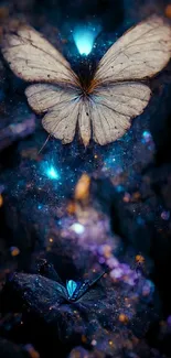 Mystical blue butterfly wallpaper with glowing hues and fantasy elements.