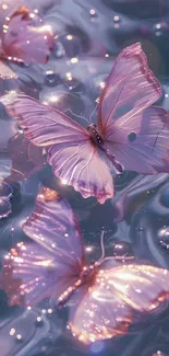 Mystical pink butterflies with ethereal design on water surface.