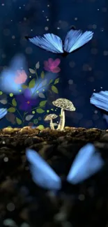 Mystical scene with blue butterflies and glowing fungi in a dark forest setting.