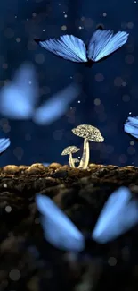 Blue butterflies and glowing mushrooms create a mystical wallpaper design.