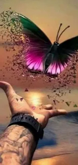 Mystical butterfly with pink wings flying over an ocean sunset with a tattooed hand.