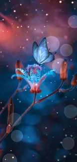 Mystical butterfly perched on a vibrant, glowing flower with dreamy blue tones.