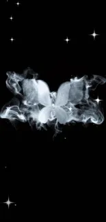 Mystical butterfly with smoke and stars on black background.