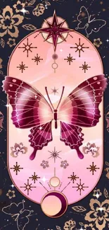 Mystical butterfly wallpaper with celestial and floral design.