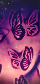 Purple butterfly design wallpaper with abstract patterns and vibrant colors.