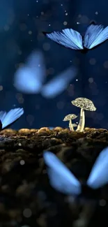 Blue butterflies and glowing mushrooms on a dark background for mobile wallpaper.