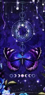 Mystical butterfly on purple floral background wallpaper.