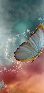 Mystical butterfly with clouds and stars in soft hues.