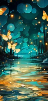 Mystical butterflies over a tranquil water landscape at night.