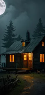 Wooden cabin under moonlight surrounded by forest.