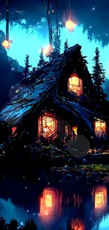 Magical cabin glowing in a serene, dark blue forest nightscape with reflections.