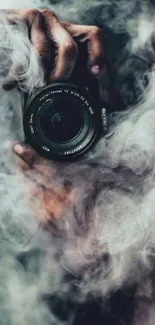 Mobile wallpaper with a camera enveloped in mystical smoke.