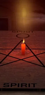 Candle in a pentagram on a wooden surface, creating a mystical ambiance.