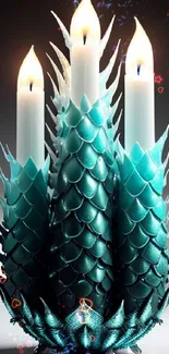 Mystical teal dragon scale candle art with glowing flames.