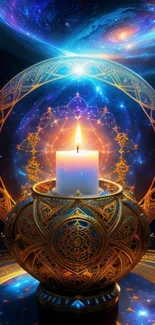 Decorative candle against galaxy background in vibrant colors.