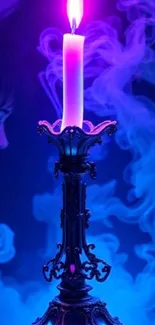 Mystical candle amidst blue smoke with a glowing ambiance.