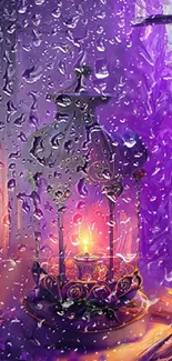 Mystical purple wallpaper with candle lantern and raindrops.