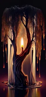 Mystical candle-shaped tree with glowing wax branches.