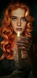 Candlelit portrait of a red-haired woman in a dark, mystical setting.