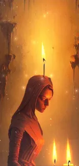 Hooded figure lit by candles in a mystical, serene setting.