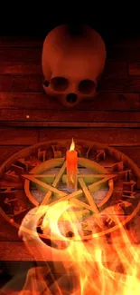 Candlelit tabletop with a skull and pentagram arrangement.