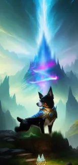 Heroic dog in mystical landscape with blue neon aura, perfect fantasy wallpaper.