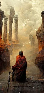 Mysterious canyon path with ancient ruins and a lone traveler in earthy hues.