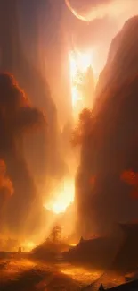 Mystical canyon with glowing light in a serene and ethereal landscape.