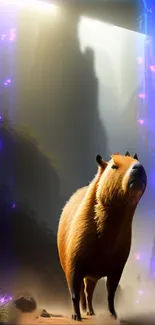 Capybara in a mystical canyon with soft magical lighting.