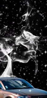 Car enveloped in mystical smoke against a starry black background.