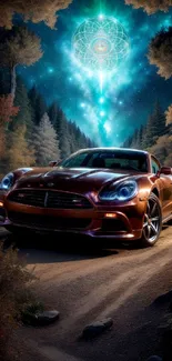 Sleek car in mystical forest nightscape wallpaper.