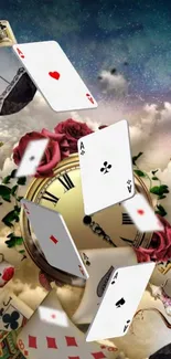 Playing cards float over a vintage clock with roses and a cosmic sky background.