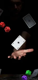 Dark wallpaper with floating cards and colorful dice.